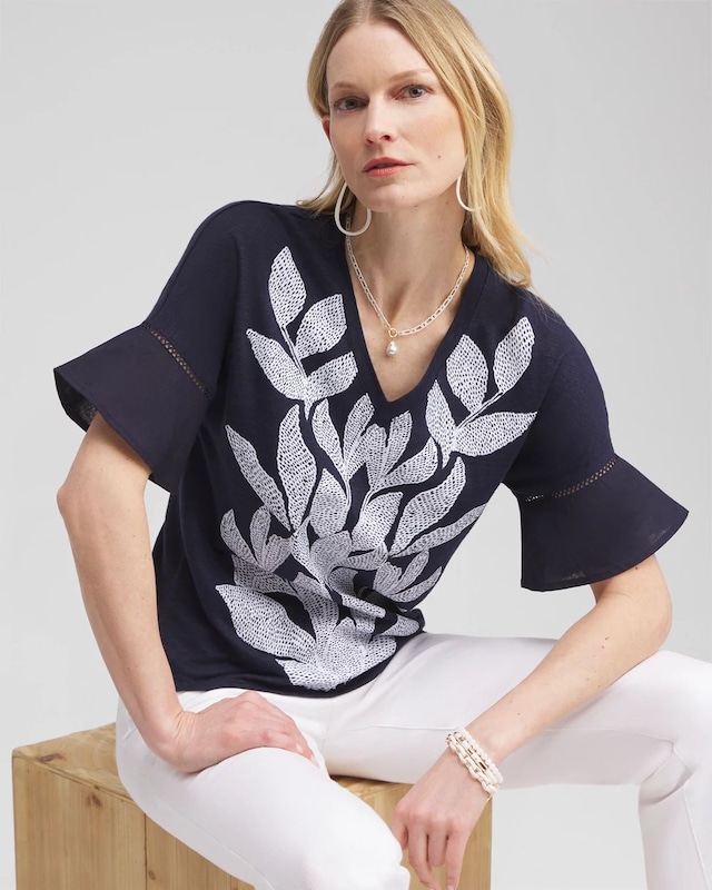 Leaf Linen Blend Flutter Sleeve Top - image 2